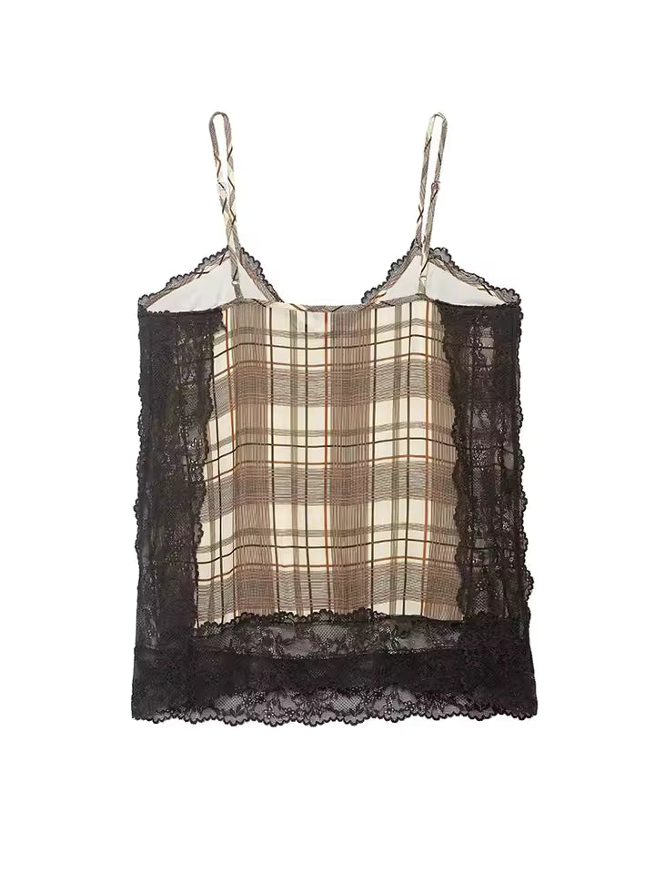 French Vintage Plaid Lace Cami Top Women Chic V-Neck Sleeveless Sling Shirt Female Summer Sexy Side Split Slim Fit Tank Top