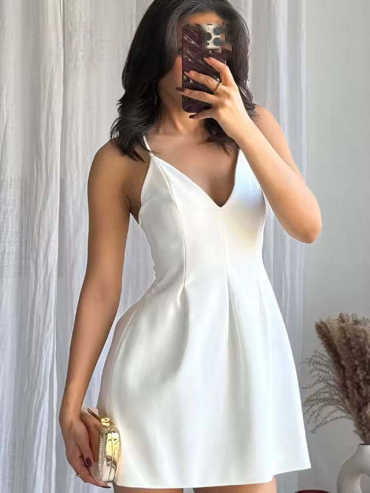 Summer V-Neck Mini Sling Dress for Women - Sexy Sleeveless Wide Swing Party Dress - High Street Solid Color Short Dress with Zipper