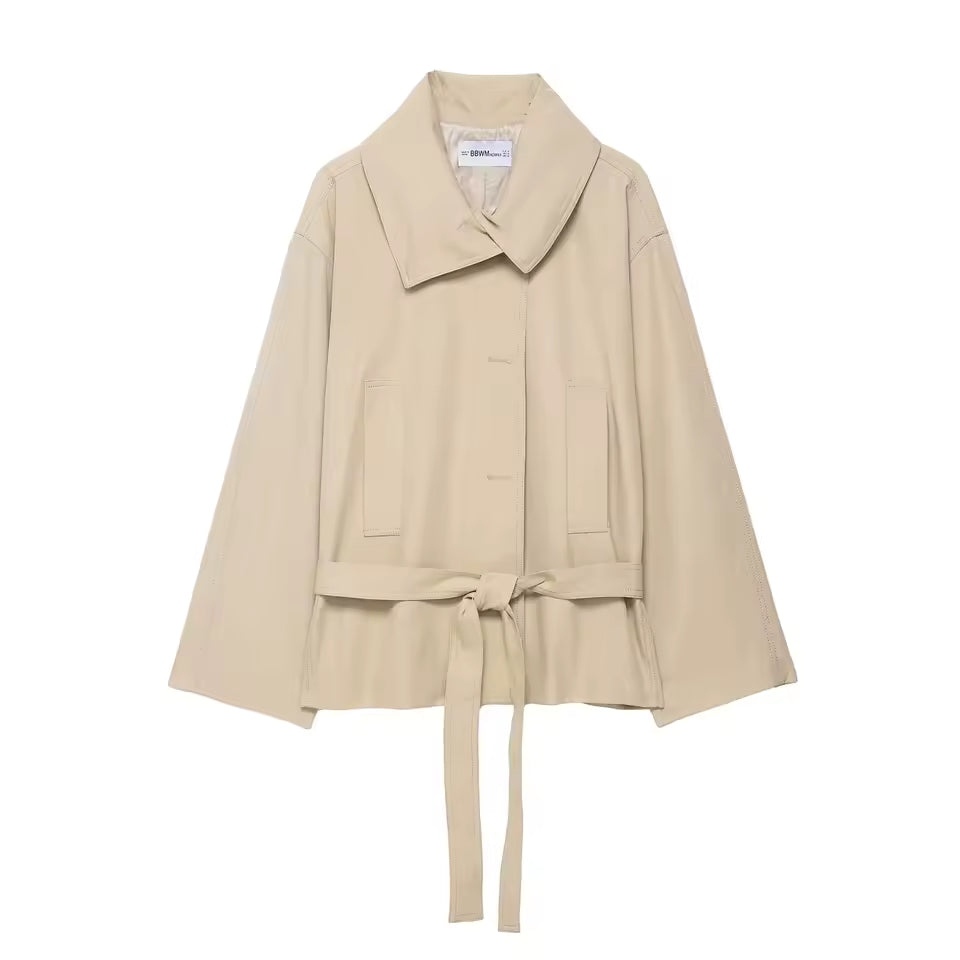 2026 Autumn Women's Belted Short Coat - Elegant Lapel Single-Breasted Jacket - Casual Long Sleeve Solid Outwear with Pockets & Waist Tie