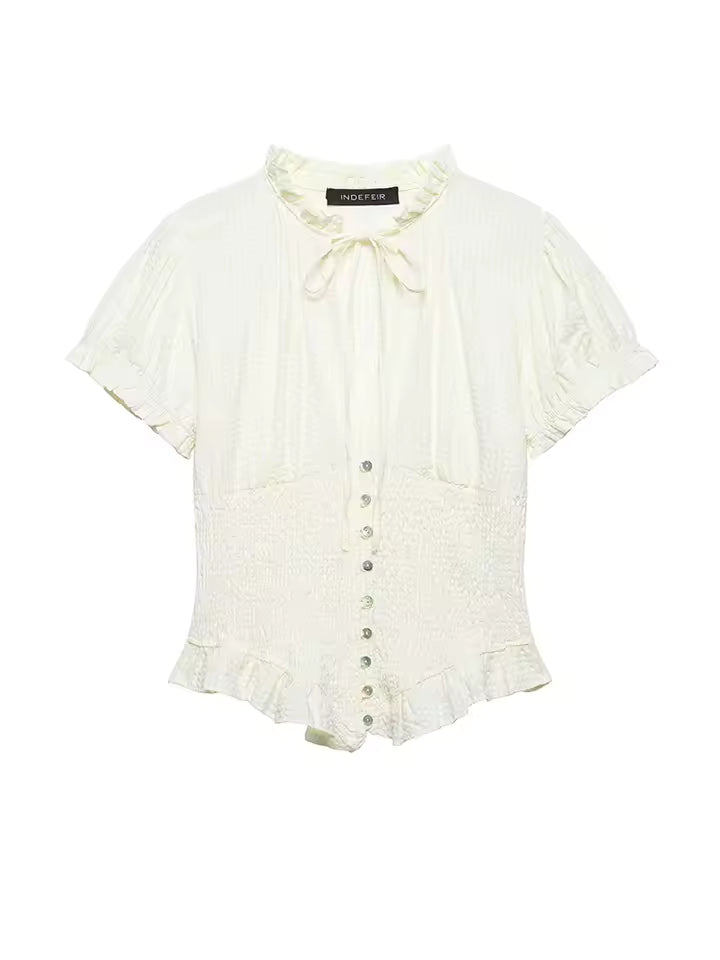 2026 Spring Short Sleeve Blouse for Women - Elegant Bow Decoration Single Breasted Shirt - Versatile Solid Pleated Blouse with Lace-up Detail