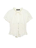 2026 Spring Short Sleeve Blouse for Women - Elegant Bow Decoration Single Breasted Shirt - Versatile Solid Pleated Blouse with Lace-up Detail