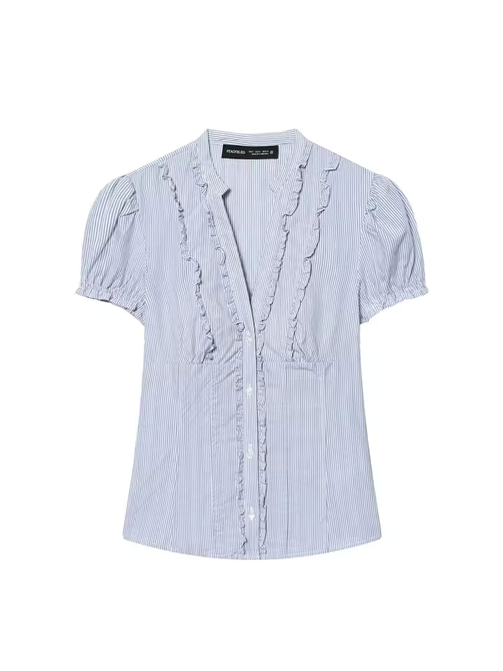 2026 Spring Short Sleeve Blouse for Women - Elegant V-Neck Single Breasted Shirt - Versatile Solid Color Layered Decoration Top in 2 Colors