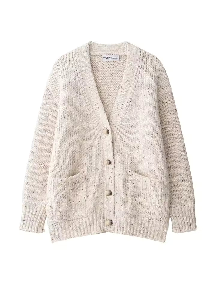Elegant Solid V-Neck Long Sleeve Knit Cardigan | Chic Loose Fit Female Autumn Sweater Coat | Versatile Single Breasted Casual Top