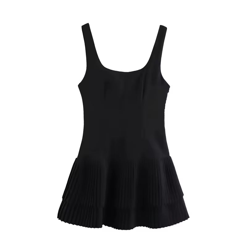 Summer Square Neck Sleeveless Mini Dress for Women - Chic High Street Pleated Sundress - Sexy Solid Slim Fit Short Casual Dress with Rear Zipper