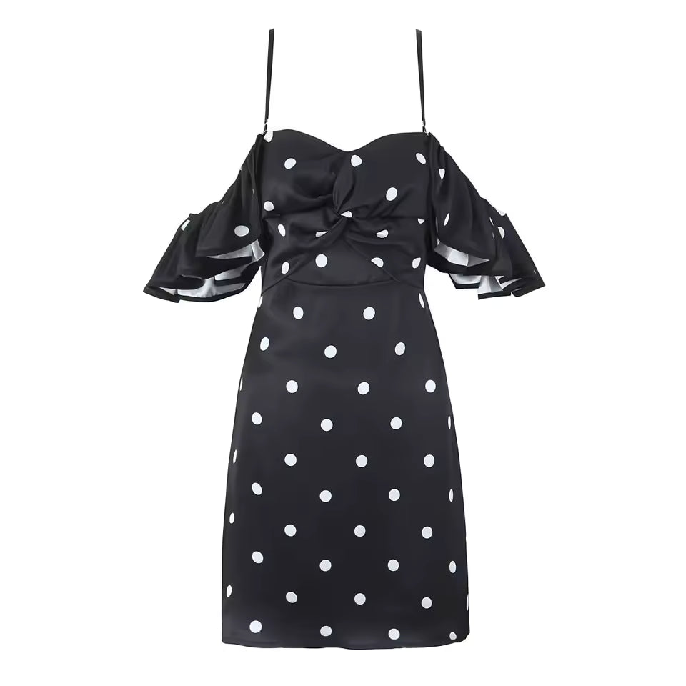 Women's Sexy Elegant Polka Dot Mini Dress Spring Strapless Backless Pleated Evening Dresses with Zipper, Black and White