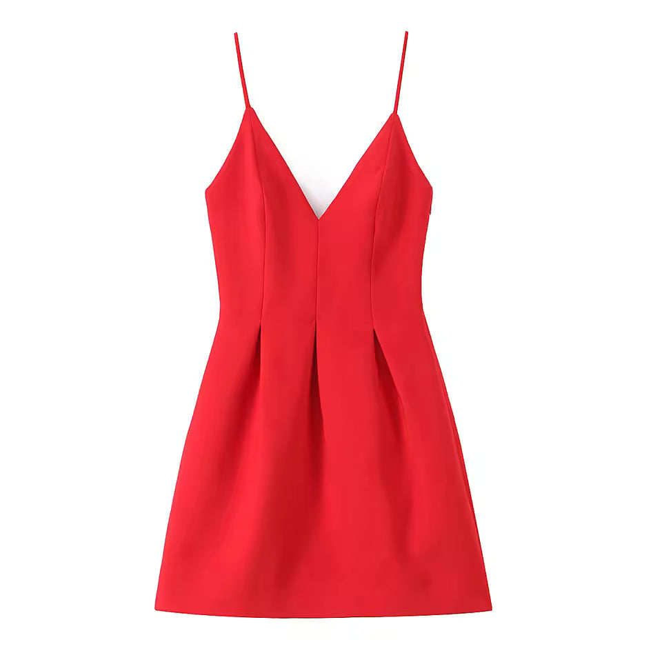 Summer V-Neck Mini Sling Dress for Women - Sexy Sleeveless Wide Swing Party Dress - High Street Solid Color Short Dress with Zipper