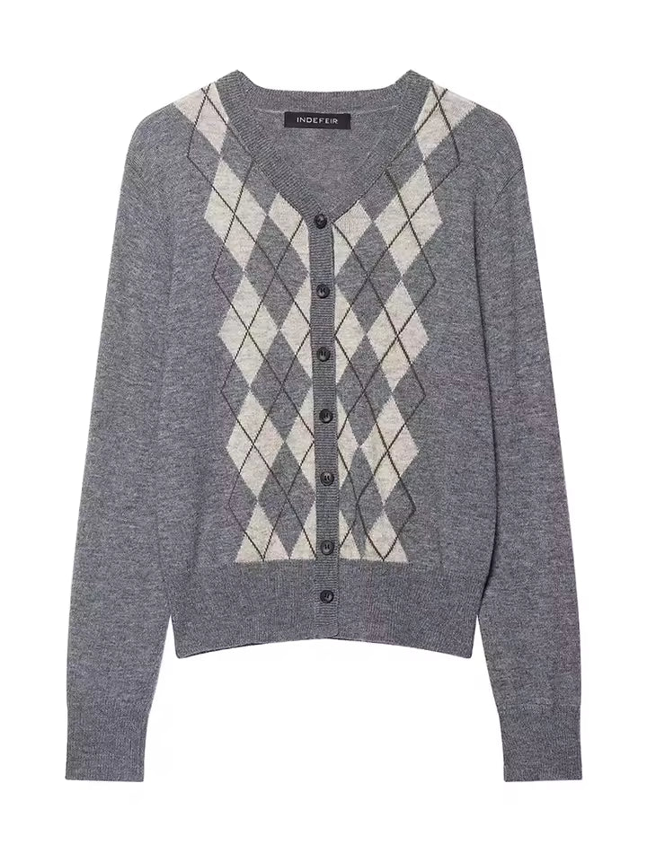 Vintage Argyle Plaid Cardigan Women - 2026 Autumn Chic V-Neck Knitted Top - Preppy Style Single Breasted Short Jumper