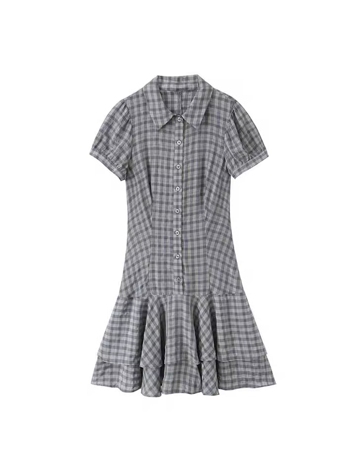 Women's Plaid Short Sleeve Dress with Lapel - Casual Layered Spring Fashion Mini Dress, Comfortable Outing Dress for Female 2026