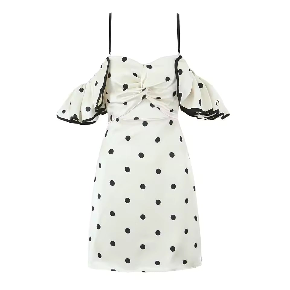 Women's Sexy Elegant Polka Dot Mini Dress Spring Strapless Backless Pleated Evening Dresses with Zipper, Black and White