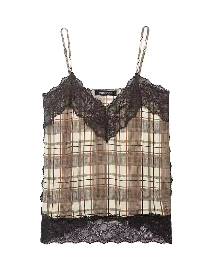 French Vintage Plaid Lace Cami Top Women Chic V-Neck Sleeveless Sling Shirt Female Summer Sexy Side Split Slim Fit Tank Top