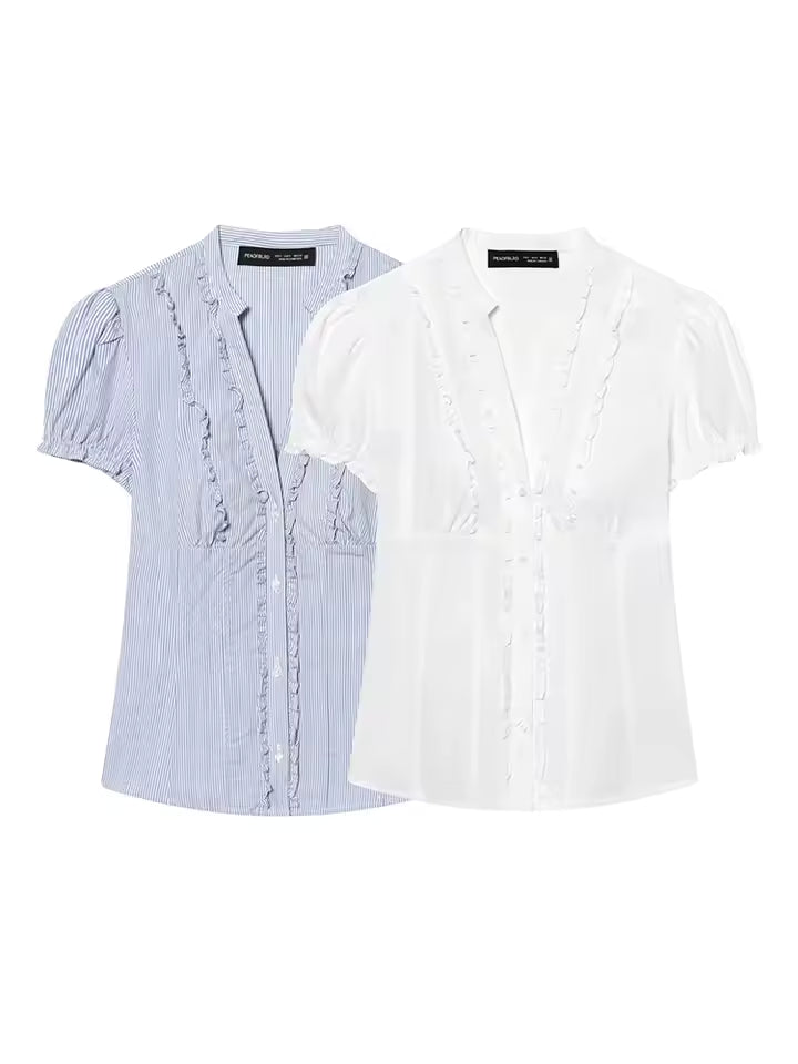2026 Spring Short Sleeve Blouse for Women - Elegant V-Neck Single Breasted Shirt - Versatile Solid Color Layered Decoration Top in 2 Colors