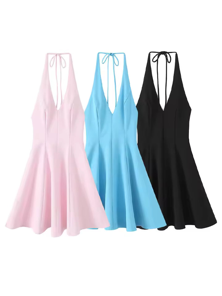 Women's Sexy Halter Neck Mini Dress - Elegant Backless V-Neck Sleeveless Party Dress with Rear Zipper, 2026 Summer Pleated Dress