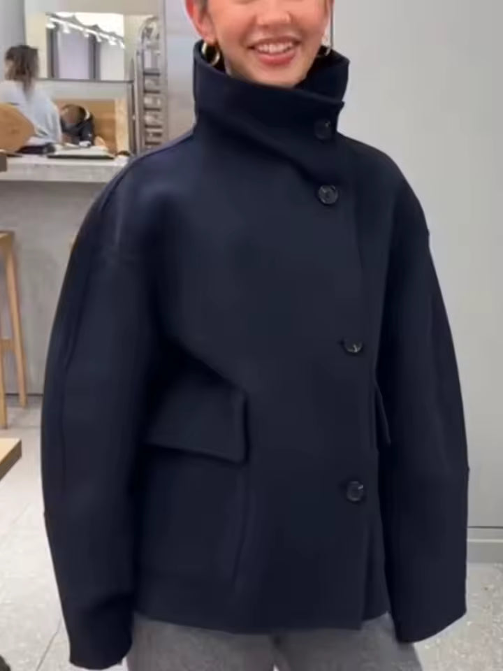Effortless Cool Vibe! 2026 Autumn High Neck Short Jacket | Chic Single-Breasted Slim Fit Coat - Versatile Solid Loose Casual Jacket with Pockets