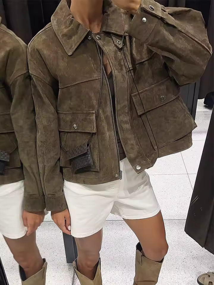 2026 Autumn Utility Jacket for Women - Elegant Turn-Down Collar Long Sleeve Coat - Casual Chic Solid Jacket with Pockets & Zipper Closure