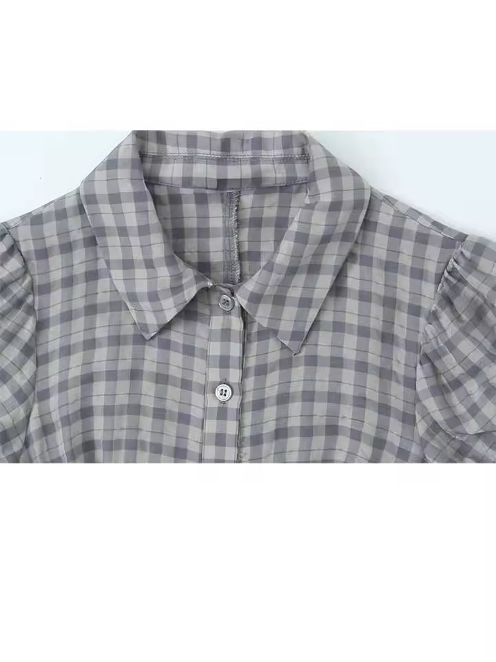 Women's Plaid Short Sleeve Dress with Lapel - Casual Layered Spring Fashion Mini Dress, Comfortable Outing Dress for Female 2026