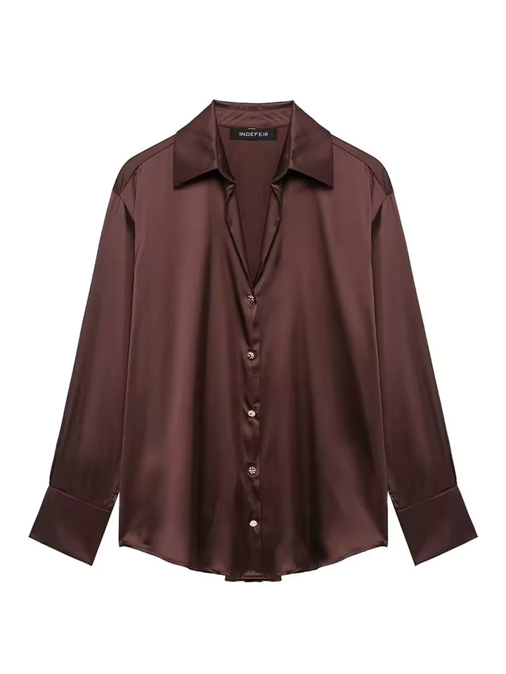 2026 Elegant Satin Texture Shirt Women Silk-like Long Sleeve Blouse Solid Color Lapel Commuter Top Office Lady Formal Shirt