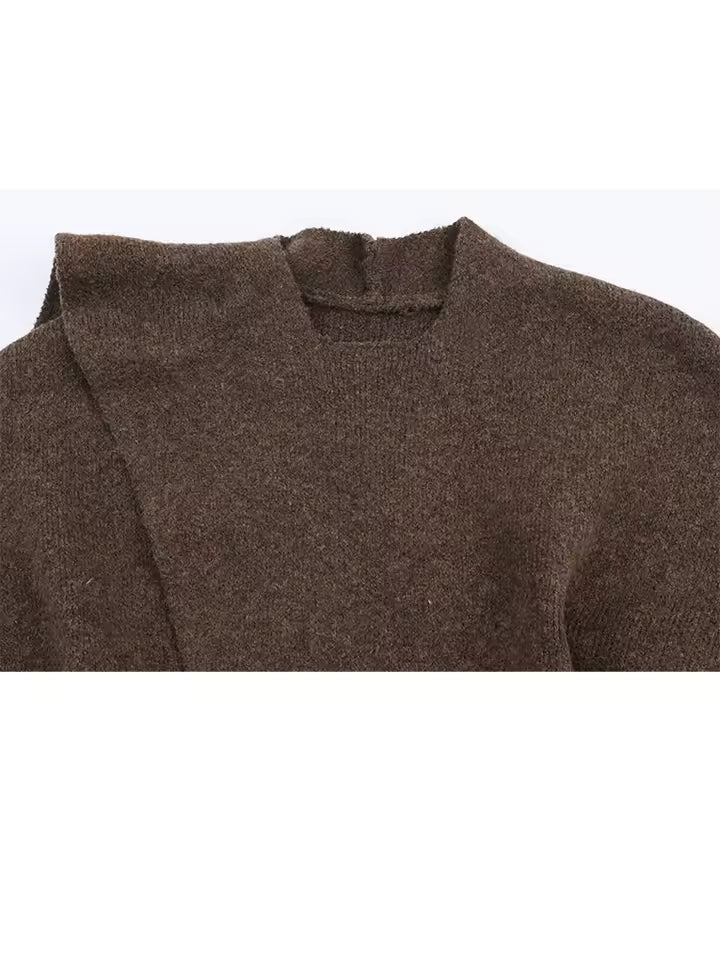 Chic Solid Color Scarf Collar Sweater - Women's Loose Cozy Knit Cardigan - Elegant Long Sleeve Winter Layering Top Mujer