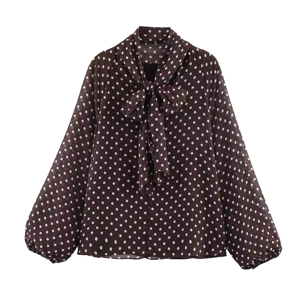 2026 Spring Polka Dot Blouse for Women - Elegant Tie Neck Scarf Collar Shirt - Long Sleeve Casual High Street Pullover Top