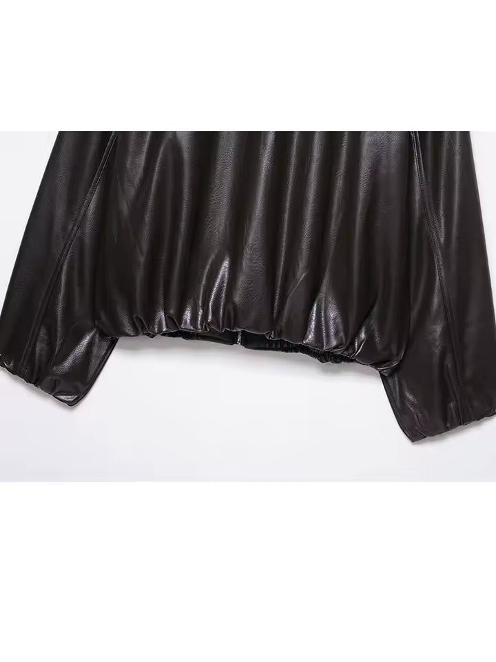 2026 Autumn Faux Leather Pilot Jacket for Women - Vintage Lapel Collar Bomber Coat - Casual Solid Zip-up Jacket with Pockets - Warm Fashion Outwear