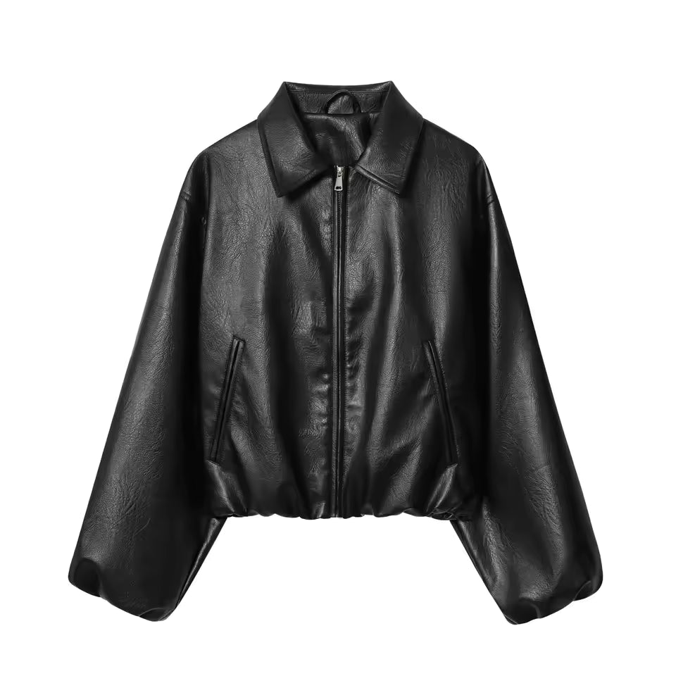 2026 Autumn Faux Leather Pilot Jacket for Women - Vintage Lapel Collar Bomber Coat - Casual Solid Zip-up Jacket with Pockets - Warm Fashion Outwear