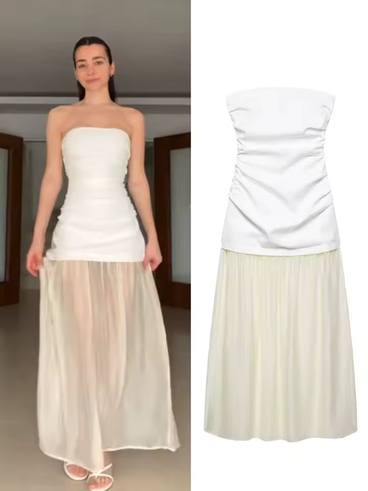 Summer Strapless Midi Tube Dress for Women - Sexy Side Zipper Pleated Splice Dress - Elegant White & Beige Vacation Style Sundress