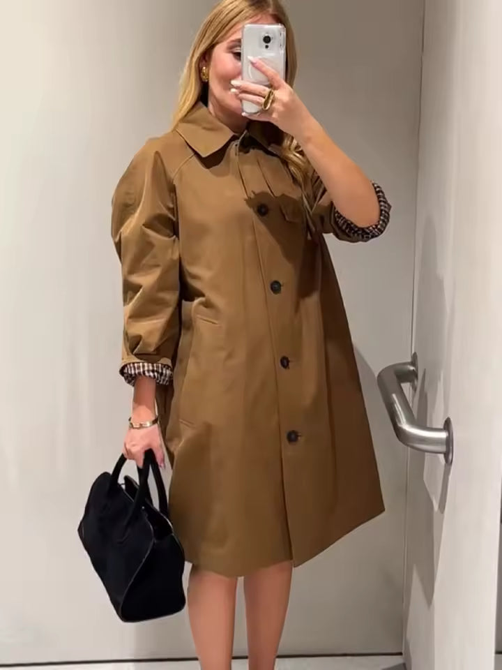 2026 Autumn Women's Notched Lapel Overcoat - Elegant Single-Breasted Slim Fit Jacket - Casual Solid Long Sleeve Coat with Side Pockets