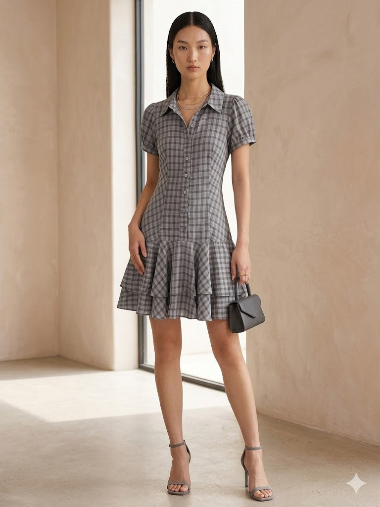 Women's Plaid Short Sleeve Dress with Lapel - Casual Layered Spring Fashion Mini Dress, Comfortable Outing Dress for Female 2026