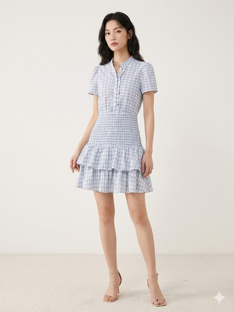 Women's Casual Lace Patchwork Tiered Mini Dress - Short Sleeve Round Neck Versatile Commuting Dress, 2026 Spring Fashion