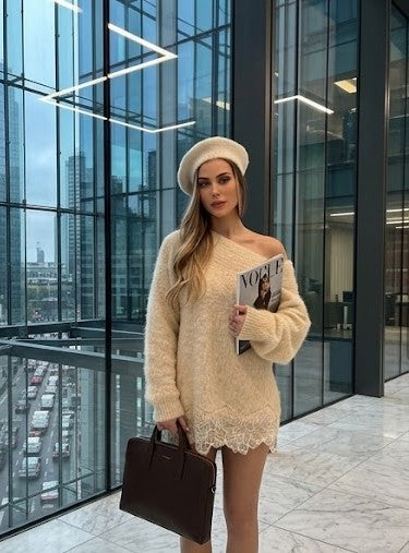 2026 New Women's Off Shoulder Lace Patchwork Sweater - Irregular Hem Slim Fit Pullover - Chic Long Sleeve Casual Top